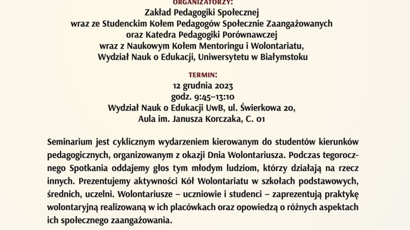 Seminarium naukowe pt. Młodzi w działaniu. Wolontariat szkolny i studencki Pamięci dr. hab. Tomasza Sosnowskiego