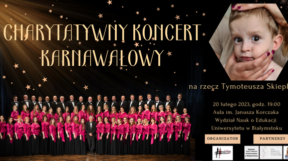 Plakat wydarzenia - charytatywny karnawałowy koncert Chóru Akademickiego Uniwersytetu w Białymstoku - opis dostępny w tekście aktualności