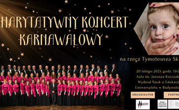 Plakat wydarzenia - charytatywny karnawałowy koncert Chóru Akademickiego Uniwersytetu w Białymstoku - opis dostępny w tekście aktualności