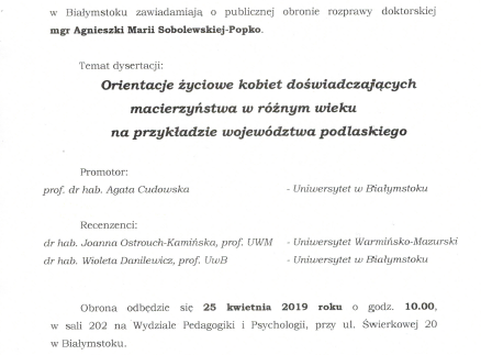 Zaproszenie na publiczną obronę rozprawy doktorskiej mgr Agnieszki Marii Sobolewskiej-Popko