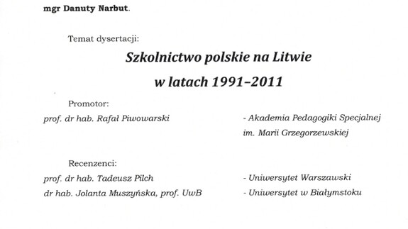 Zaproszenie na publiczną obronę rozprawy doktorskiej mgr Danuty Narbut