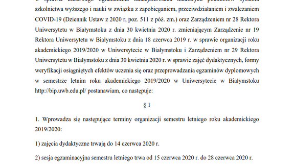 Komunikat Dziekana Wydziału Nauk o Edukacji Uniwersytetu w Białymstoku z dnia 13 maja 2020 r.