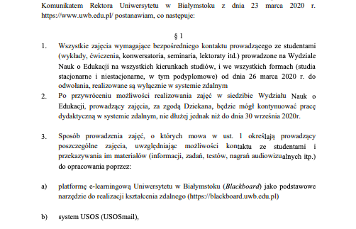 Decyzja nr 2 Dziekana Wydziału Nauk o Edukacji  Uniwersytetu w Białymstoku z dnia 25 marca 2020