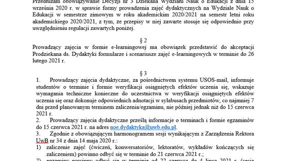 Decyzja nr 2 Dziekana Wydziału Nauk o Edukacji Uniwersytetu w Białymstoku