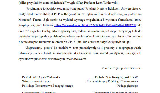 Wykład otwarty Pana Profesora Lecha Witkowskiego - 'Wybuchowe idee dla pedagogiki i edukacji (kilka przykładów z moich książek)'