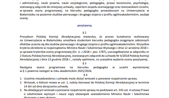 Prezydium Polskiej Komisji Akredytacyjnej przyznało pozytywną ocenę programową na kierunku pedagogika