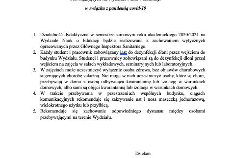 Komunikat Dziekana Wydziału Nauk o Edukacji Uniwersytetu w Białymstoku z dnia 2 października 2020 r. w sprawie zasad bezpieczeństwa obowiązujących na Wydziale Nauk o Edukacji w związku z pandemią COVID-19.