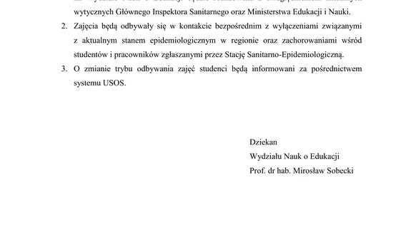 Komunikat  Dziekana Wydziału Nauk o Edukacji  Uniwersytetu w Białymstoku  z dnia 15 lutego 2022 r. w sprawie organizacji zajęć dydaktycznych w semestrze letnim  roku akademickiego 2021/2022 